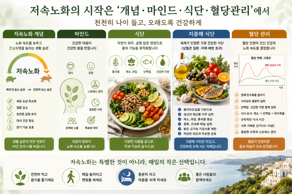 저속노화 개념 마인드 식단 지중해 식단 혈당 관리
