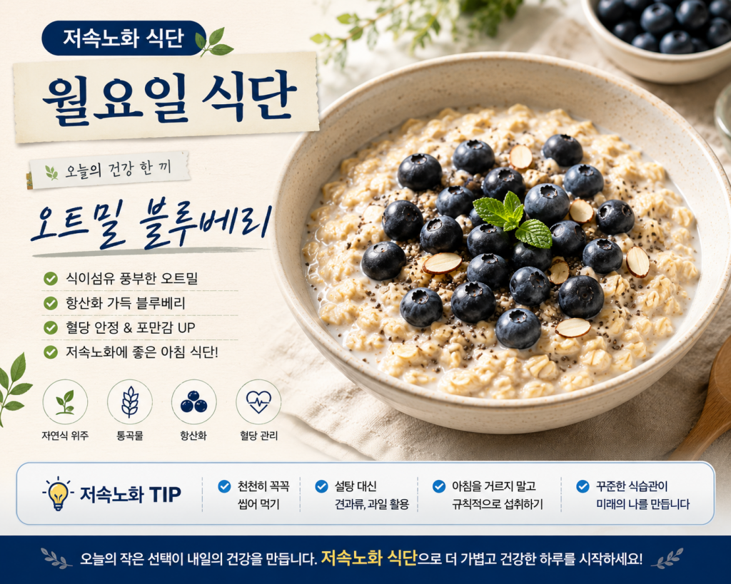 Slow aging diet meal plan, Slow aging Monday meal — oatmeal with blueberries for breakfast, slow aging rice for lunch