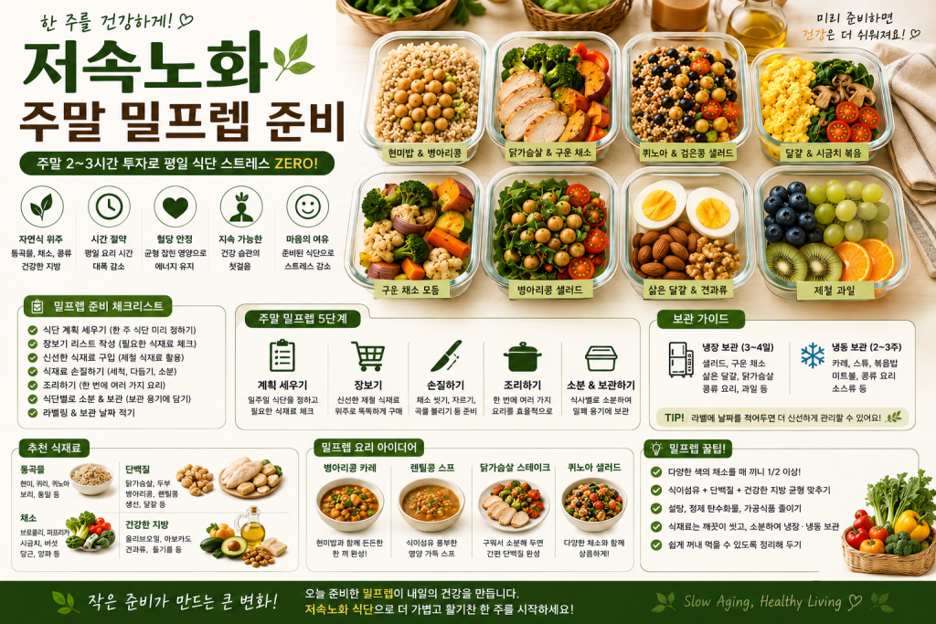 low aging weekend meal prep — ingredient preparation and refrigerator storage