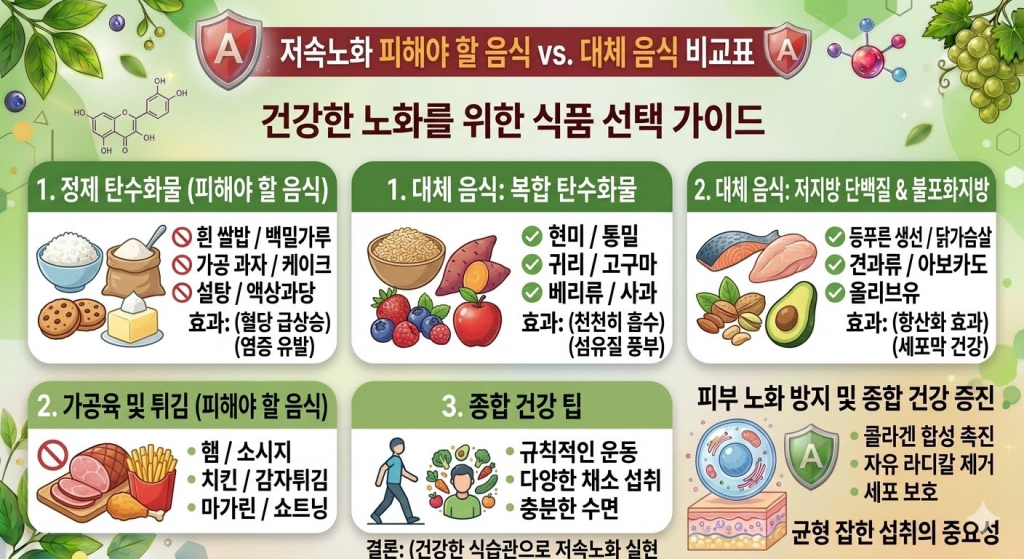 저속노화 피해야 할 음식 vs 대체 음식 비교표