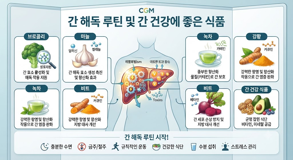 간 해독 루틴 브로콜리 마늘 녹차 강황 비트 간 건강 식품