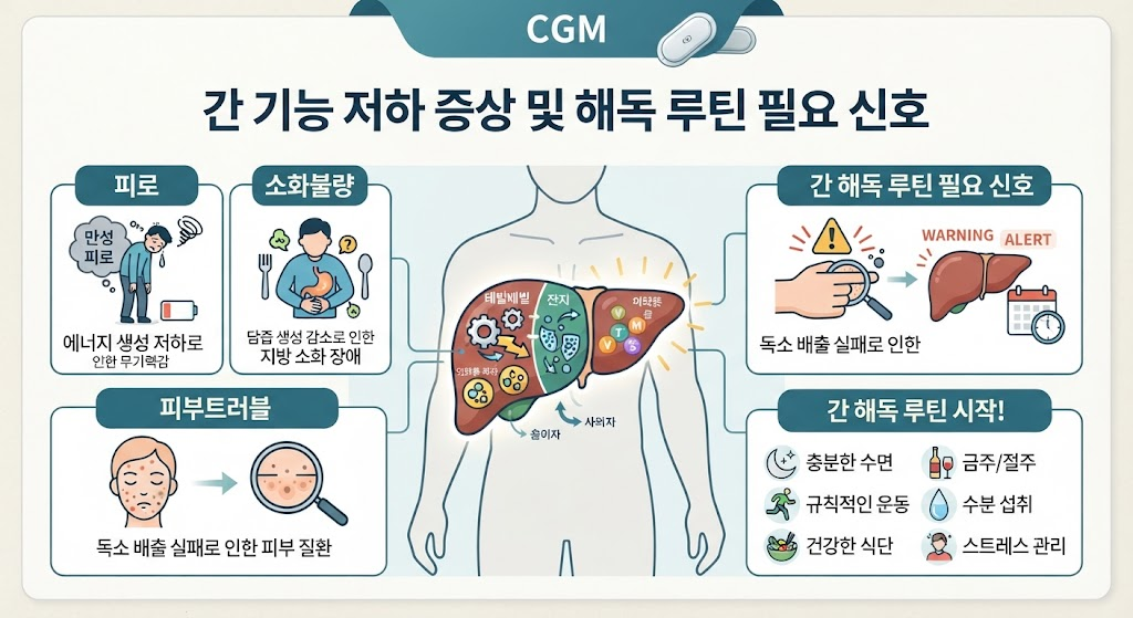 간 기능 저하 증상 피로 소화불량 피부트러블 간 해독 루틴 필요 신호
