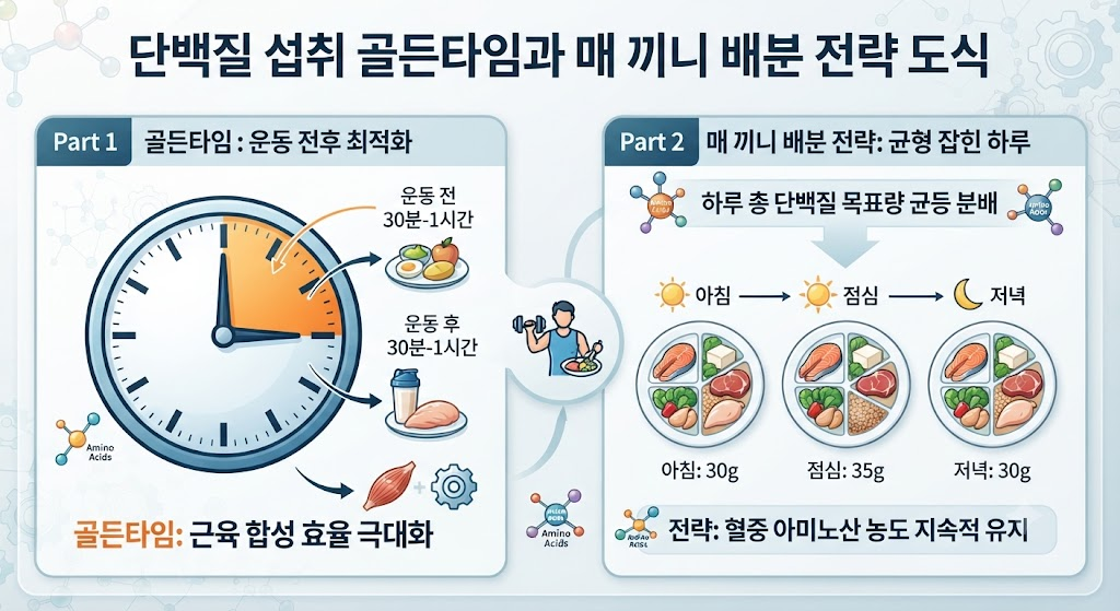 단백질 섭취 골든타임과 매 끼니 배분 전략 도식