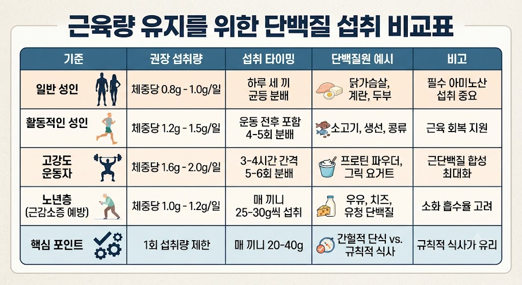 근육량 유지를 위한 단백질 섭취 비교표