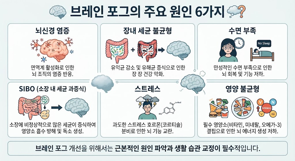 브레인 포그 원인 6가지 뇌신경 염증 장내 세균 불균형 수면 부족 SIBO