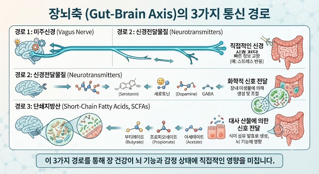 장뇌축 Gut-Brain Axis 원리 미주신경 세로토닌 단쇄지방산 3가지 통신 경로