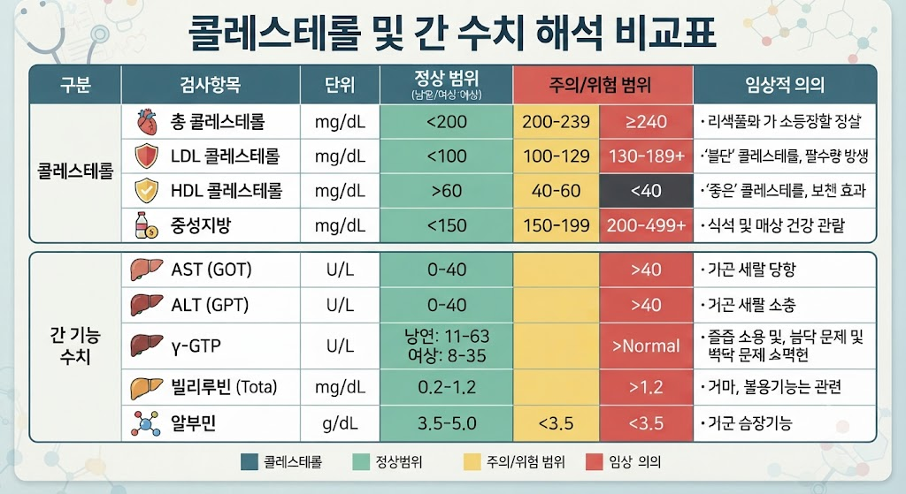 콜레스테롤 및 간 수치 해석 비교표