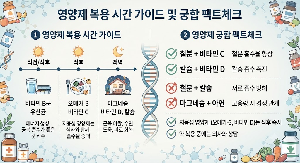 [팩트체크] 함께 먹으면 독이 되는 최악의 영양제 궁합 및 성분별 공복·식후 복용시간 가이드