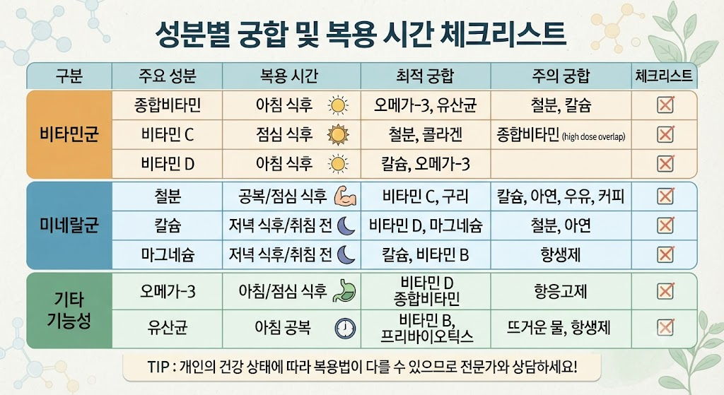 성분별 궁합 및 복용 시간 체크리스트