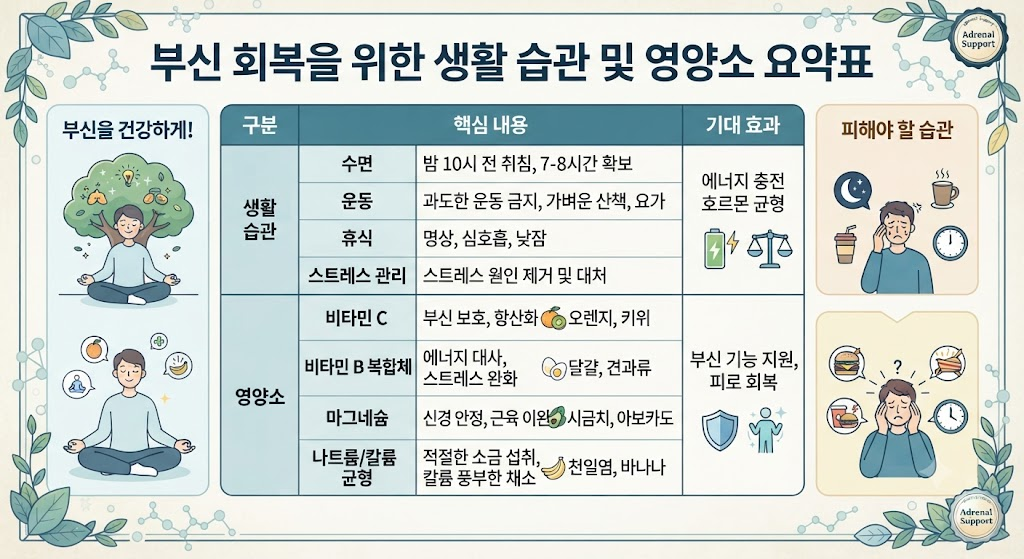 부신 회복을 위한 생활 습관 및 영양소 요약표