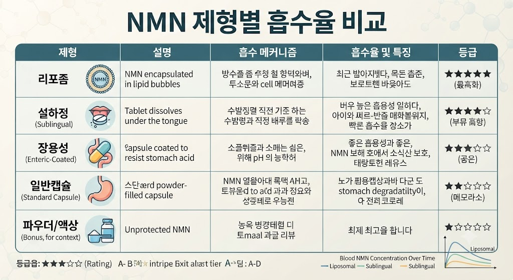 NMN 제형별 흡수율 비교 리포좀 설하정 장용성 일반캡슐 차이
