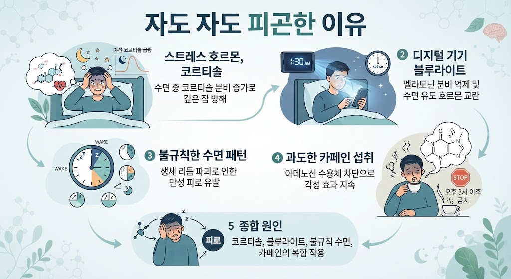 자도 자도 피곤한 이유 코르티솔 블루라이트 불규칙 수면 카페인 원인