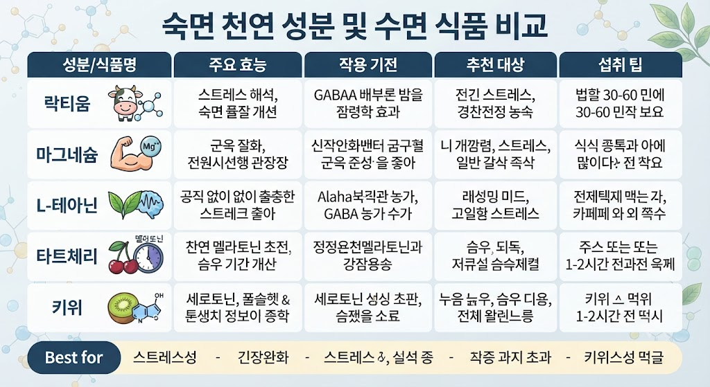 숙면 천연 성분 락티움 마그네슘 L-테아닌 타트체리 키위 수면 식품 비교