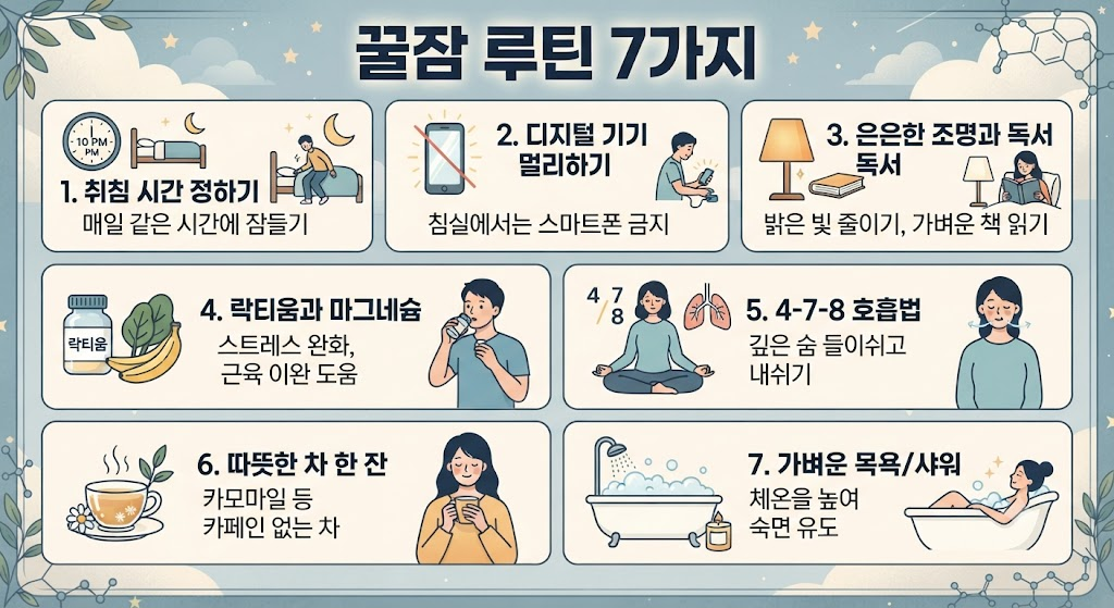 꿀잠 루틴 7가지 락티움 복용 마그네슘 4-7-8 호흡법 취침 전 루틴