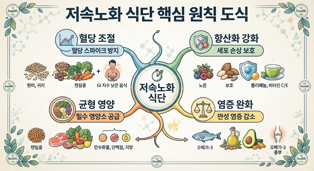 저속노화 식단 핵심 원칙 도식