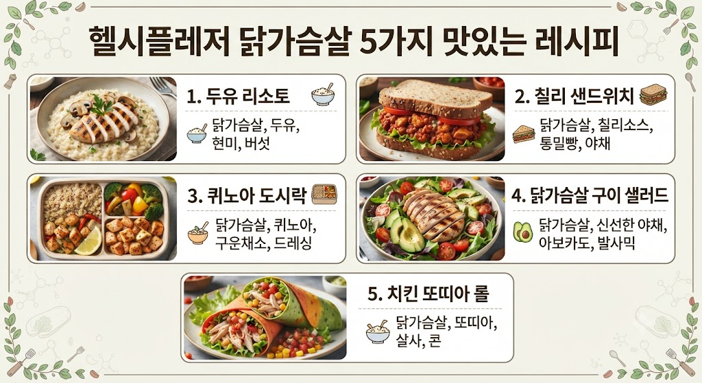헬시플레저 닭가슴살 5가지 맛있는 레시피 두유리소토 칠리샌드위치 퀴노아도시락