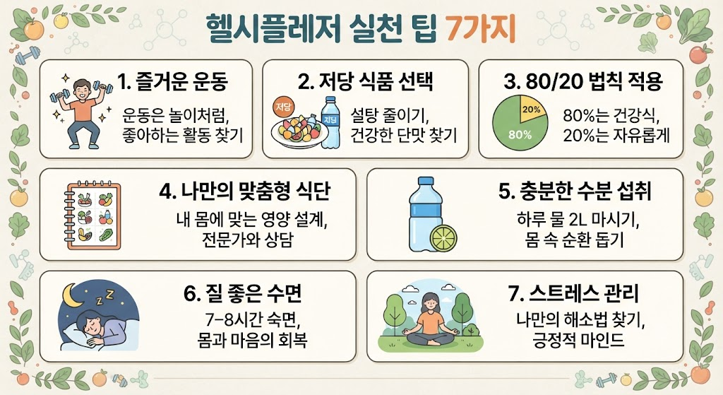 헬시플레저 실천 팁 7가지 즐거운 운동 저당식품 80/20 법칙 맞춤형 식단