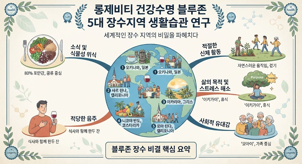 롱제비티 건강수명 블루존 5대 장수지역 생활습관 연구