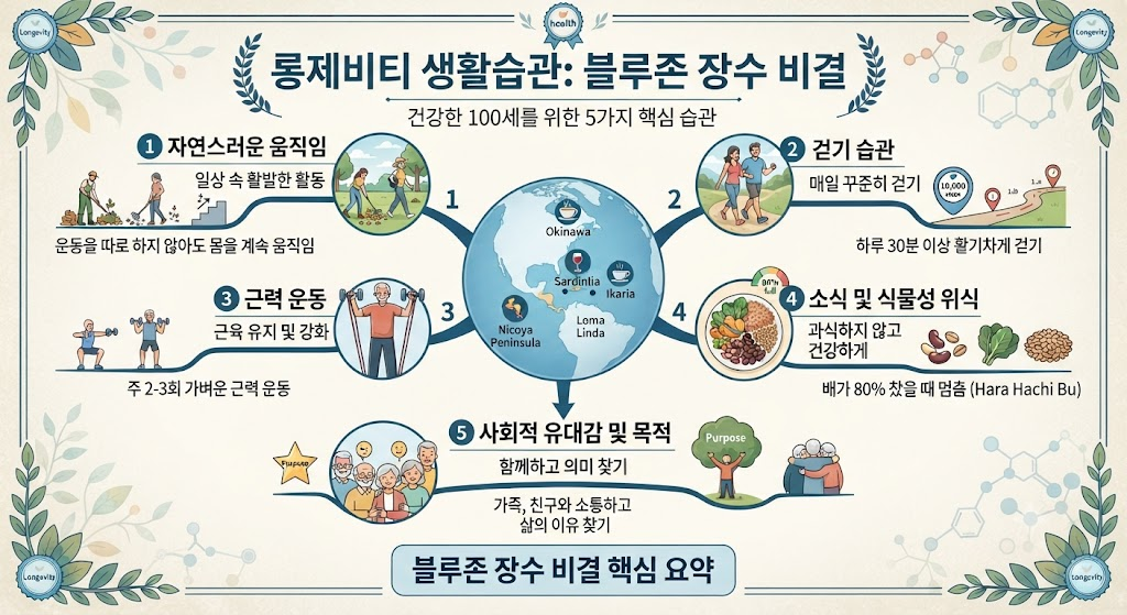 롱제비티 생활습관 자연스러운 움직임 걷기 근력운동 블루존 장수 비결