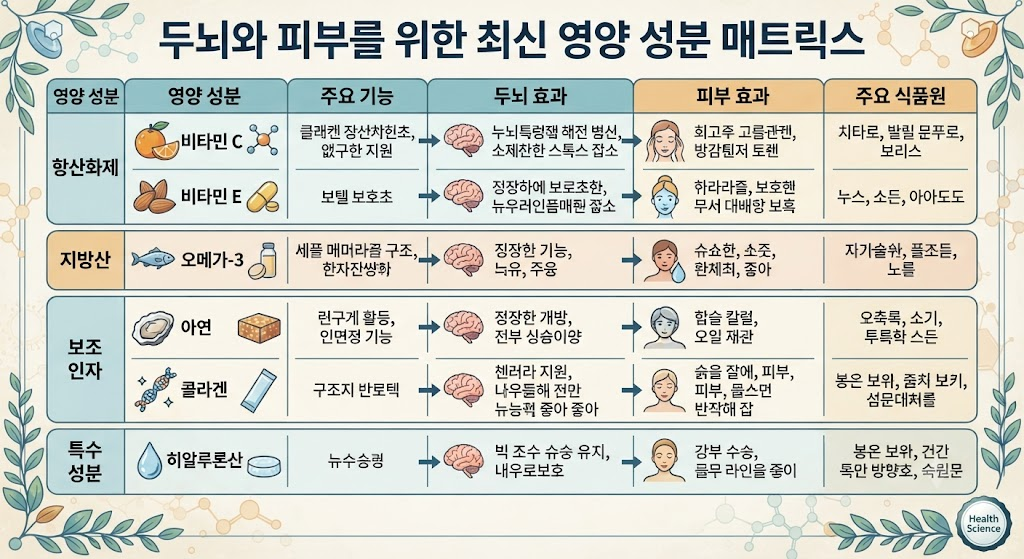 요즘 영양제 트렌드: 두뇌 영양제(뉴트로픽스)와 피부 항노화 성분 매트릭스