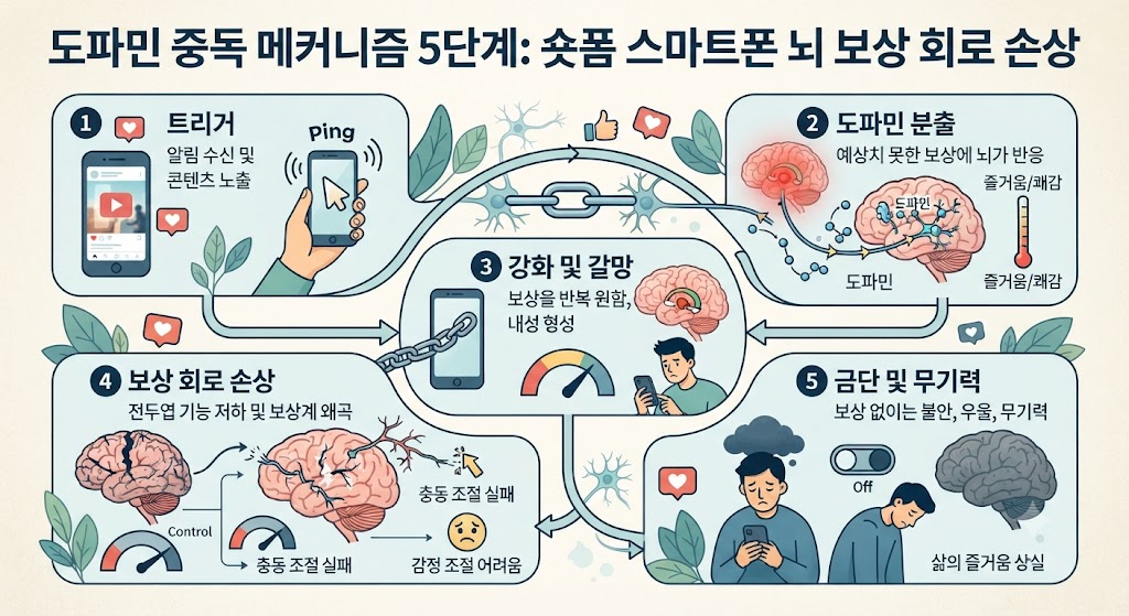 도파민 중독 메커니즘 5단계 숏폼 스마트폰 뇌 보상 회로 손상