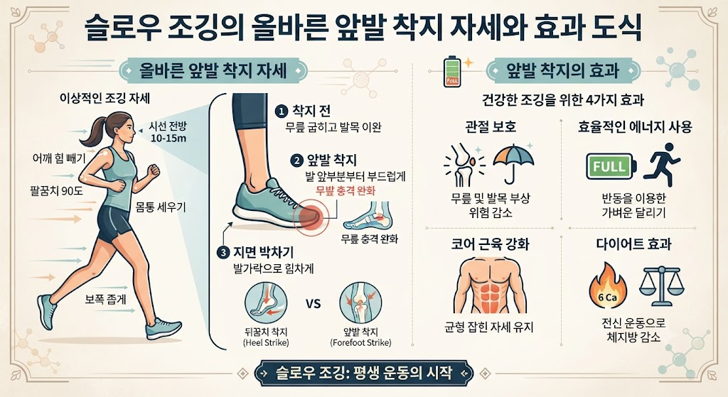 슬로우 조깅의 올바른 앞발 착지 자세와 효과 도식