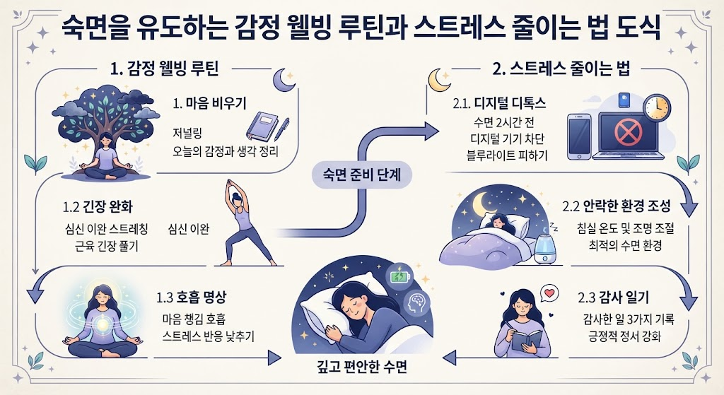 숙면을 유도하는 감정 웰빙 루틴과 스트레스 줄이는 법 도식