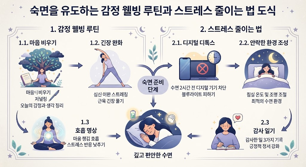 숙면을 유도하는 감정 웰빙 루틴과 스트레스 줄이는 법 도식