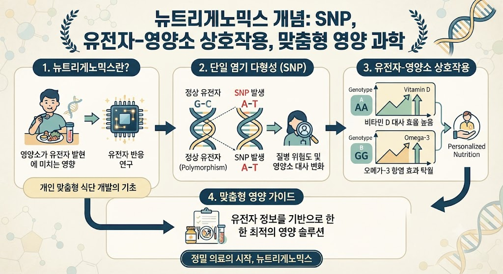 뉴트리게노믹스 개념 SNP 유전자 영양소 상호작용 맞춤형 영양 과학