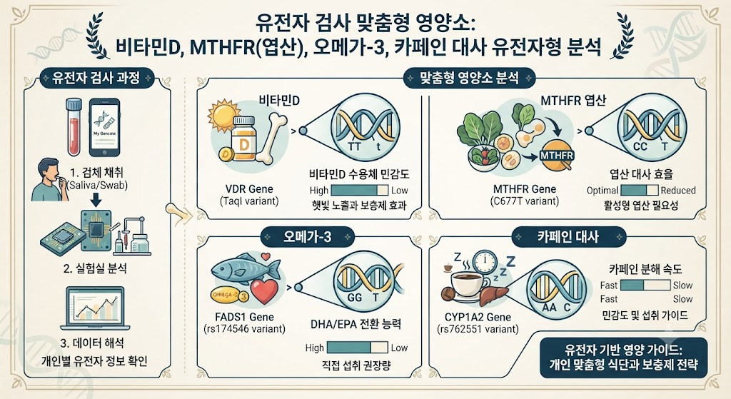 유전자 검사 맞춤형 영양소 비타민D MTHFR 엽산 오메가3 카페인 대사 유전자형