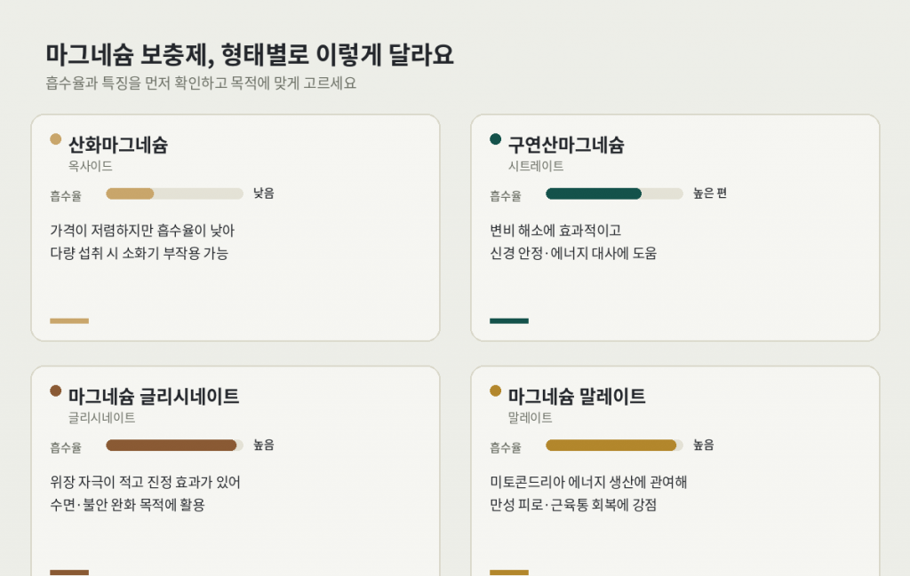 마그네슘 결핍 보충제 형태별 비교 카드..