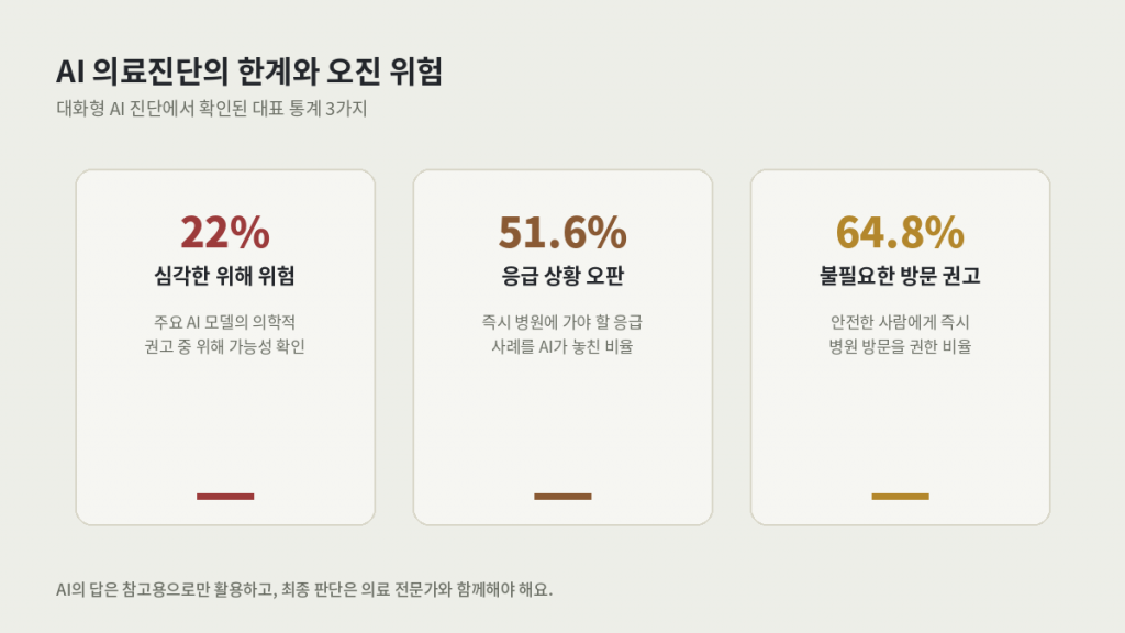 AI 의료진단 오진 위험 통계 — 심각한 위해 위험 22%, 응급 상황 오판 51.6%, 불필요한 방문 권고 64.8%