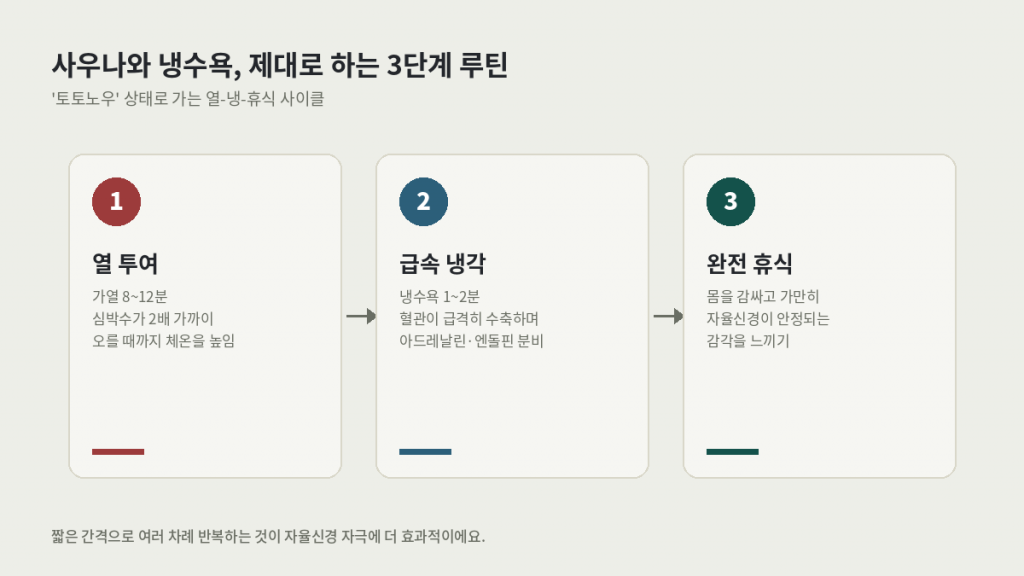 냉온 교대 치료 3단계 루틴 — 열 투여, 급속 냉각, 완전 휴식