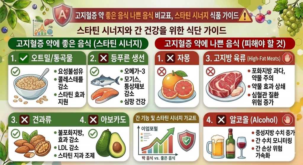 고지혈증 약 좋은 음식 나쁜 음식 비교표, 스타틴 시너지 식품 가이드
