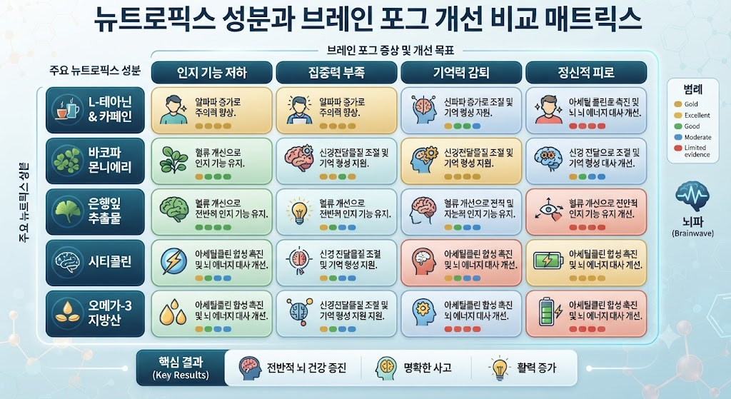 뉴트로픽스 성분과 브레인 포그 개선 비교 매트릭스