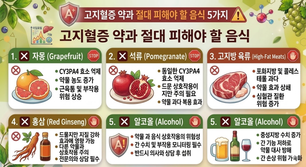 고지혈증 약과 절대 피해야 할 음식 5가지 — 자몽 석류 고지방육류 홍삼 알코올
