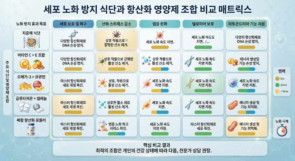 세포 노화 방지 식단과 항산화 영양제 조합 비교 매트릭스