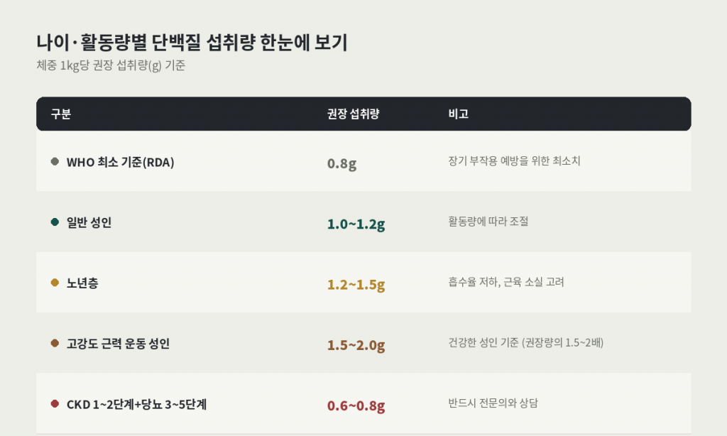 단백질 섭취량 나이·활동량별 종합 비교표 — WHO 최소 기준부터 CKD 환자 기준까지