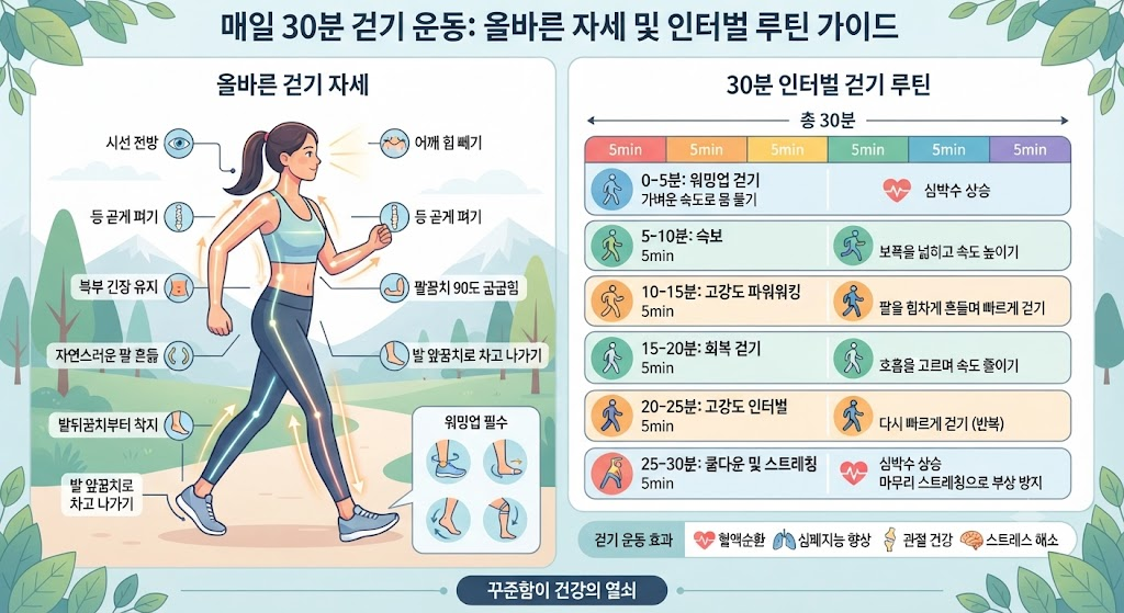 매일 30분 걷기 운동 올바른 자세 및 인터벌 루틴 가이드