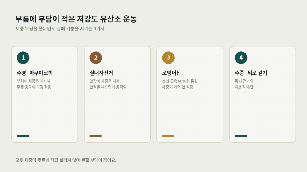 무릎 관절에 부담이 적은 저강도 유산소 운동 4가지 — 수영·아쿠아로빅, 실내자전거, 로잉머신, 수중·뒤로 걷기