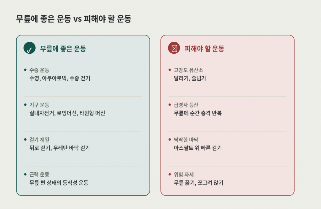 무릎 관절에 좋은 운동과 피해야 할 운동 비교 카드 — 수중 운동, 기구 운동, 걷기 계열, 근력 운동
