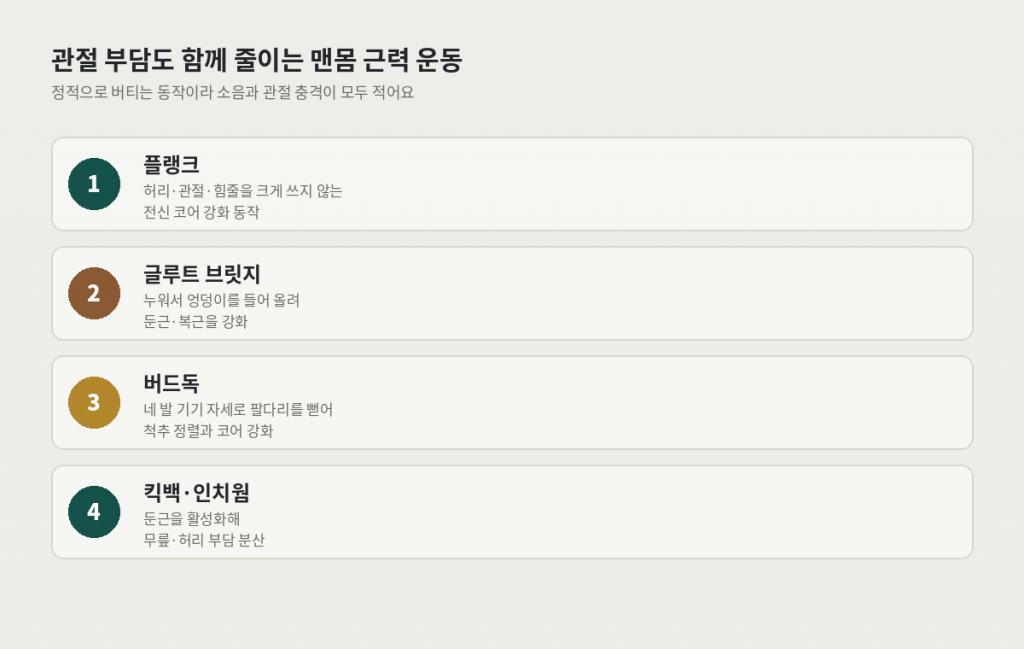 층간소음 홈트레이닝을 위한 관절 부담 줄이는 맨몸 근력 운동 4가지 — 플랭크, 글루트 브릿지, 버드독, 킥백·인치웜
