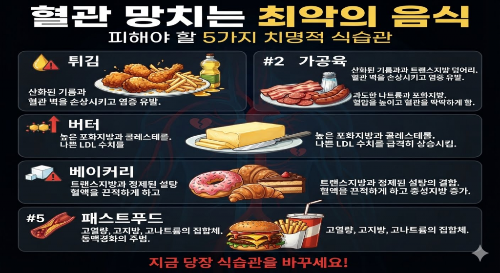 혈관 망치는 최악의 음식 — 튀김 가공육 버터 베이커리 패스트푸드