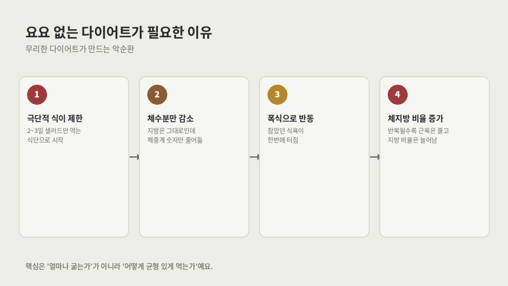 요요 없는 다이어트가 필요한 이유를 보여주는 무리한 다이어트의 악순환 — 극단적 식이 제한, 체수분만 감소, 폭식, 체지방 비율 증가