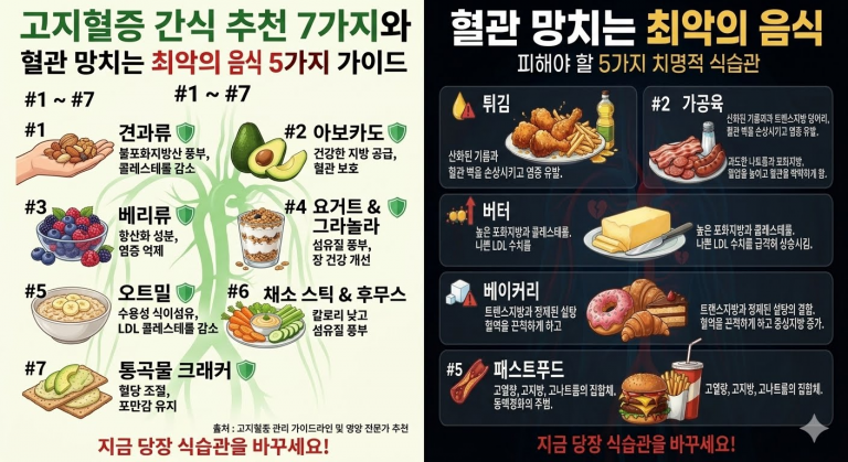 고지혈증 간식 추천 7가지와 혈관 망치는 최악의 음식 5가지 가이드
