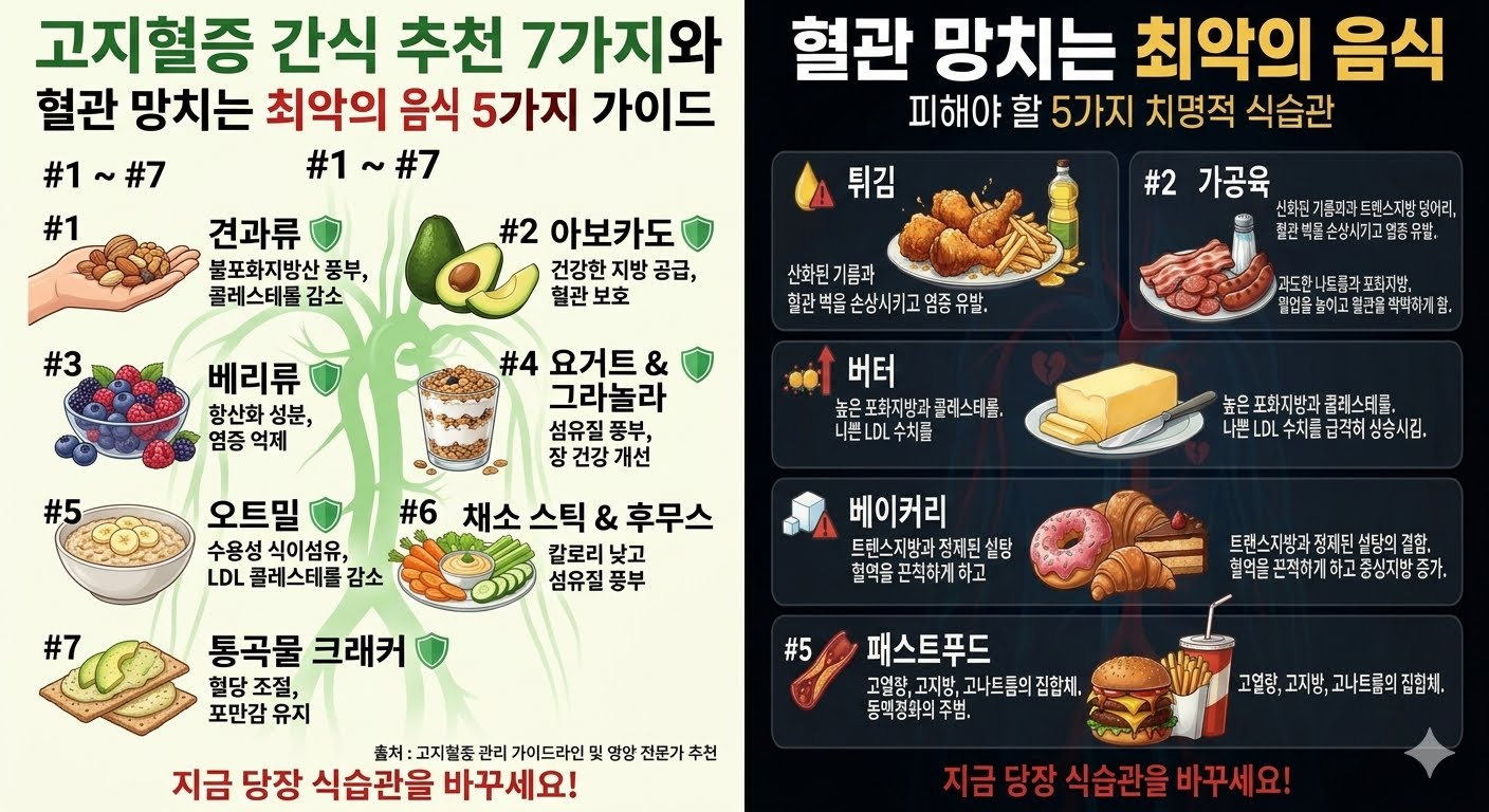 고지혈증 간식 종류 추천 및 혈관 망치는 최악의 음식 가이드 | 혈관 건강 식단