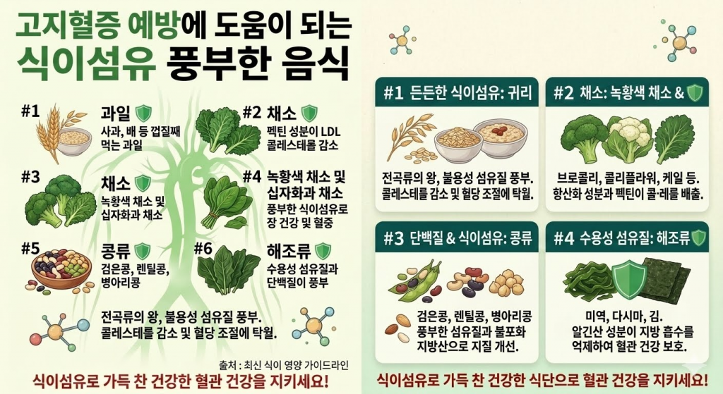 고지혈증 예방에 도움이 되는 귀리와 채소 등 식이섬유가 풍부한 음식