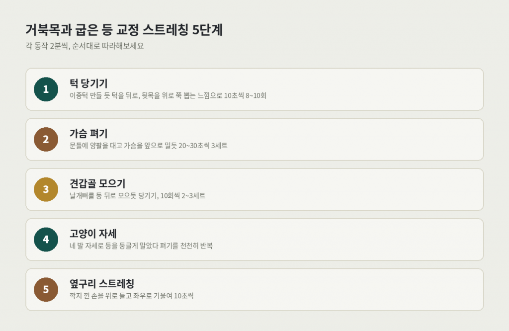 거북목과 굽은 등 교정 스트레칭 5단계 — 턱 당기기, 가슴 펴기, 견갑골 모으기, 고양이 자세, 옆구리 스트레칭