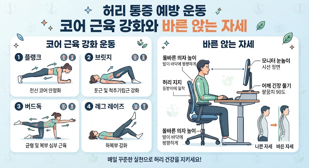 허리 통증 예방 운동, 코어 근육 강화와 바른 앉는 자세 완벽 정리