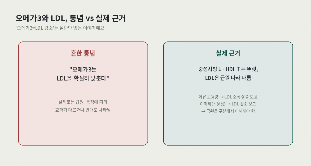 나쁜 콜레스테롤 낮추는 오메가3 음식에 대한 통념과 실제 근거 비교 카드